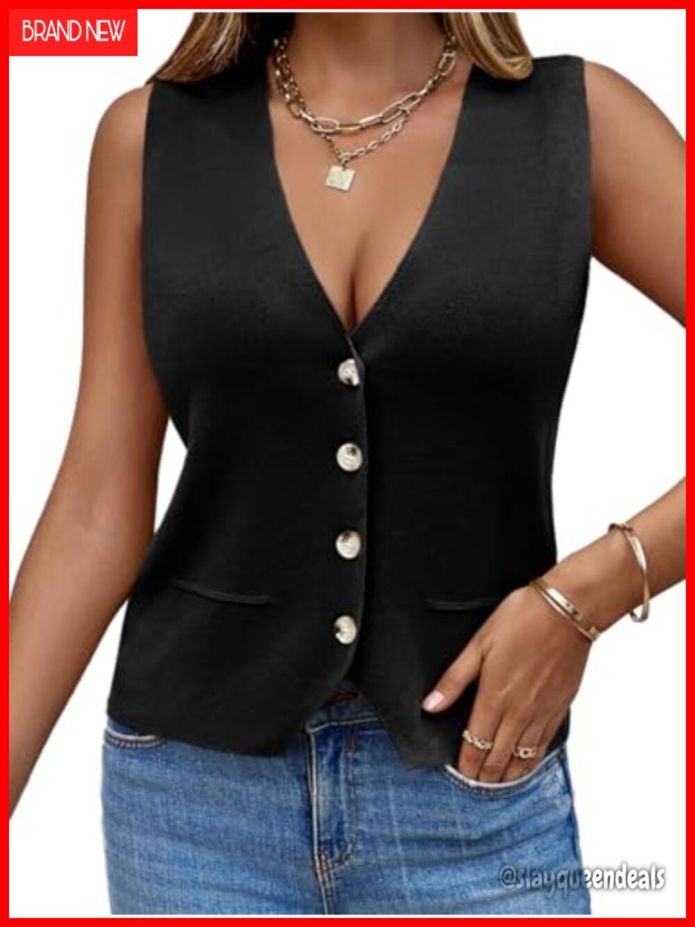 Sleeveless Sweater Vest V Neck Button Knit Cardigan Asymmetrical Hem